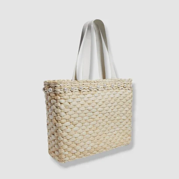 $279 BTB Los Angeles Women's Beige Thea Pearl Woven Straw Shoulder Tote Bag - Picture 2 of 3